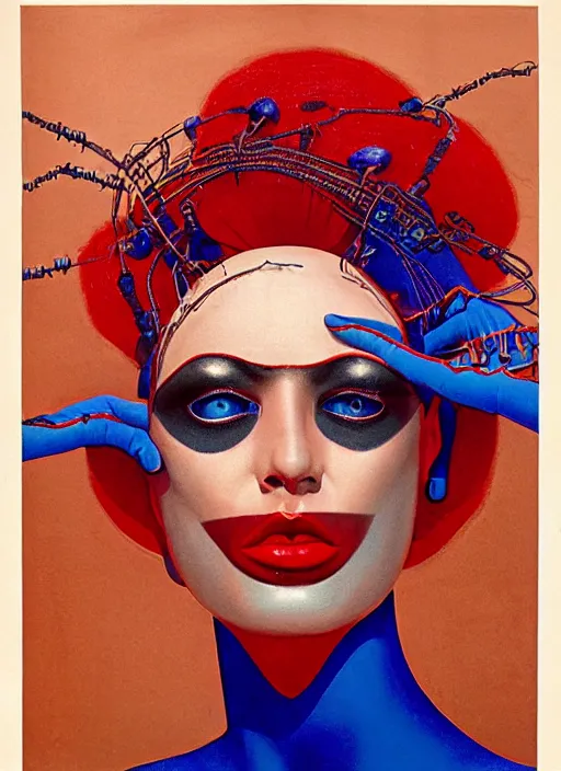 Prompt: an 8 0 s portrait of a woman with dark blue eye - shadow and red lips with dark slicked back hair, a mask made of wire and beads, dreaming acid - fueled hallucinations by serge lutens, rolf armstrong, delphin enjolras, peter elson, red cloth background, airbrush