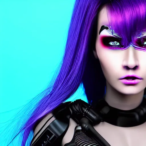 Prompt: a ultra detailed cyber girl with violet punk hair, ultra realistic wild face and wild eyes