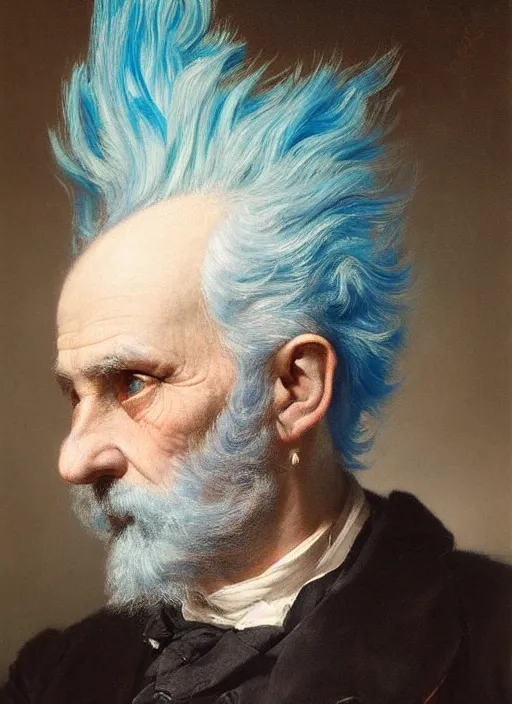 Image similar to a detailed portrait of old man with a extravagant mohawk by edouard bisson, blue hair, punk rock, oil painting, muted colours, soft lighting