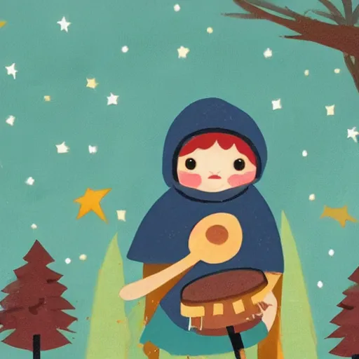 Prompt: a babushka playing drums and in a forest with stars in the sky over her head