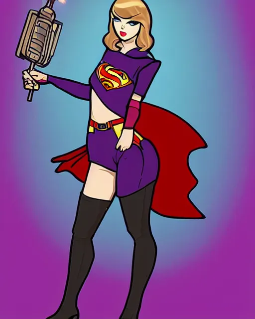 Image similar to taylor swift as a super hero similar to seraphine from league of legends with a microphone in her hand as her weapon drawn in a 1 9 5 0 s cartoon on a saturday morning style, hugh quality, very well proportioned silhouette