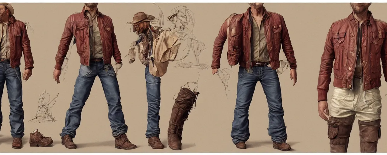 Image similar to character design, turnaround, zoomed out, 40's adventurer, unshaven, optimistic, stained dirty clothing, straw hat, riding boots, red t-shirt, dusty brown bomber leather jacket, detailed, concept art, photorealistic, hyperdetailed, 3d rendering , art by Leyendecker and frazetta,