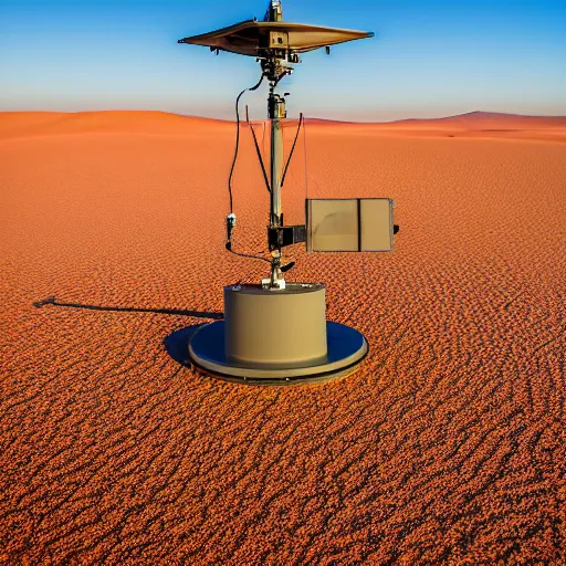 Prompt: peaceful mobile camoflaged rugged weather station sensor antenna on all terrain tank wheels, for monitoring the australian desert, XF IQ4, 150MP, 50mm, F1.4, ISO 200, 1/160s, dawn