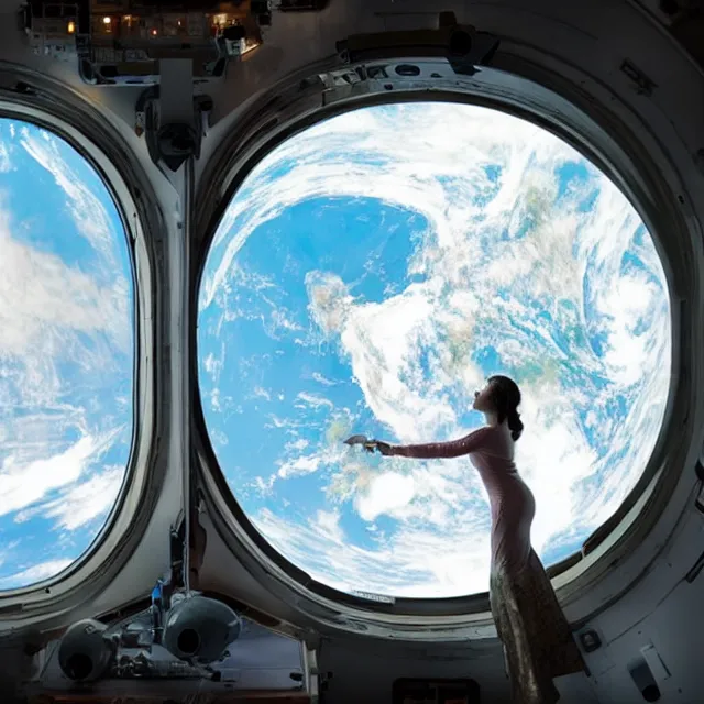 Prompt: a woman smoking a cigarette in a space station with a view of earth through a window