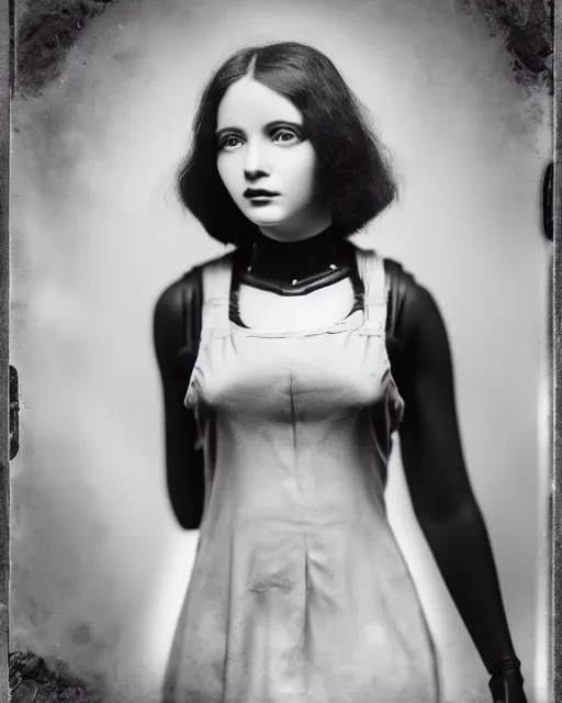 Image similar to tintype black and white dreamy young beautiful female artificial intelligence, metropolis, cinematic, rim light, bokeh, photo - realistic, elegant, high detail, 8 k, masterpiece, photo taken in 1 9 3 0