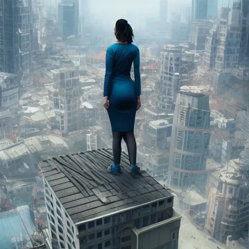 Image similar to a woman standing on top of a tall building, a detailed matte painting by Jeremy Geddes, trending on cgsociety, panfuturism, playstation 5 screenshot, unreal engine, unreal engine 5