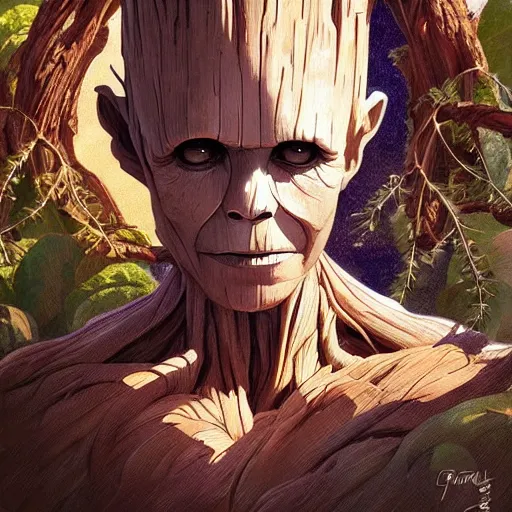 Prompt: portrait of Groot as a cook, elegant, intricate, headshot, highly detailed, digital painting, artstation, concept art, sharp focus, illustration, art by artgerm and greg rutkowski and alphonse mucha