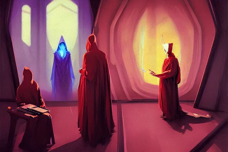 Image similar to ((A beautiful masterpiece painting) (of (a technomancer wizard (in robes (with pointed hood))) (discussing sentience with (his synthesized Al djinn) (in his laboratory (near a computer))) (by (Remedios Varo) and (Anato Finnstark) and (Greg Rutkowski)) (dayglo pink, dayglo blue, dazzle camouflage) (8k, trending on ArtStation)