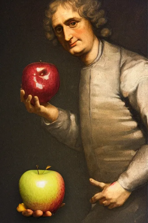 Image similar to isaac newton holding an apple, collage