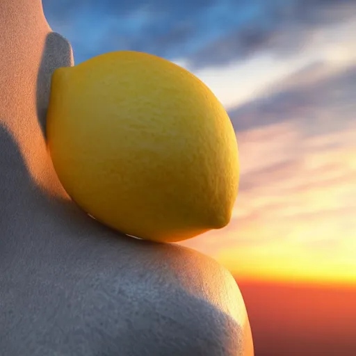 Image similar to marble statue of a lemon at sunset, dslr, 8 k, octane beautifully detailed render, warm mood, cinematic lighting, detailed photo, masterpiece, volumetric lighting, ultra realistic, highly detailed, high quality, lossless, photorealistic