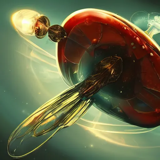Image similar to Amin Faramarzian Artstation design of a cute damaged mechanical jelly fish spaceship flying in hyperspace, beautiful clear detailed 8k digital art