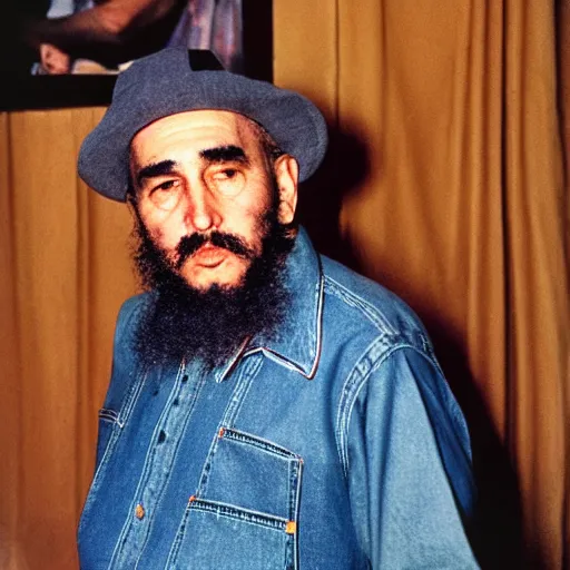 Image similar to fidel castro wearing denim overalls designed by supreme, portrait, 3 5 mm film, by nan goldin