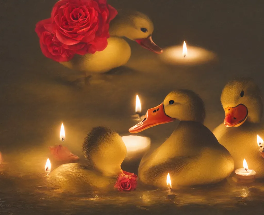 Image similar to two ducks with funny hats on their heads having a romantic dinner with candles champagne petals roses, hyperrealistic, focused, extreme details, masterpiece, 8 k, ultrahd, hd resolution