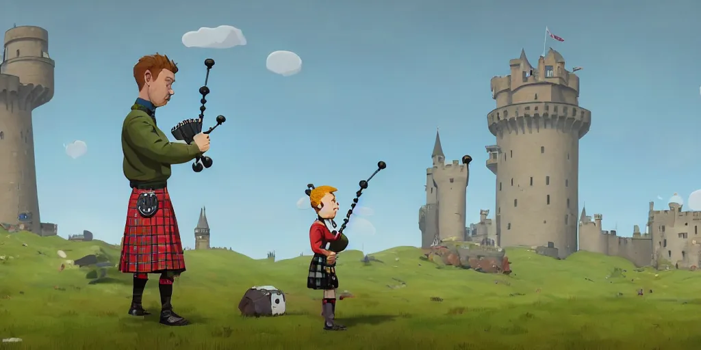 Prompt: cute cartoon scottish guy wearing a kilt and playing bagpipes in front of a medieval castle by goro fujita and simon stalenhag and wes anderson and alex andreev and chiho aoshima and beeple and banksy and kandinsky and magritte and basquiat and picasso, 8 k, trending on artstation, hyper detailed, cinematic