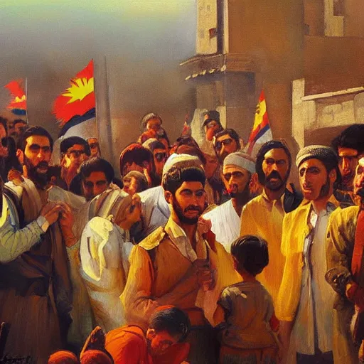 Image similar to a painting of a group of kurdish people standing around a signed declaration of independence for kurdistan, an oil painting by ilya ostroukhov, featured on deviantart, socialist realism, ilya kuvshinov, movie still, oil on canvas