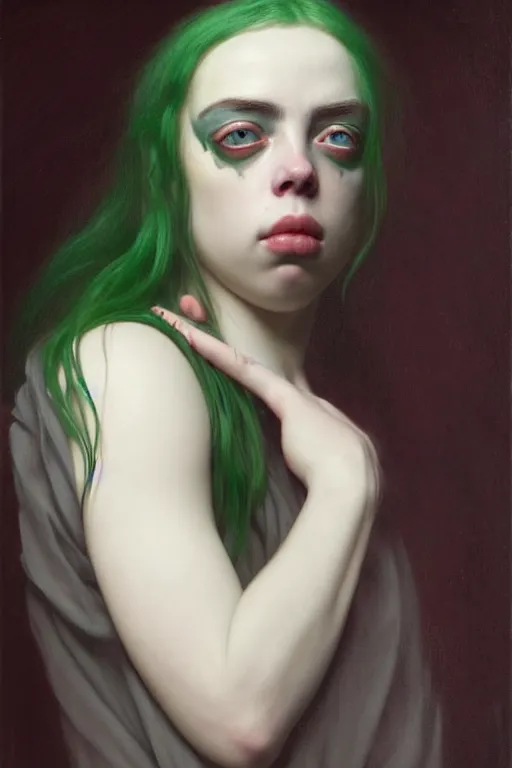 Prompt: Billie Eilish as female loki by Roberto Ferri and Jeremy Lipking, hyper detail, hyper realistic