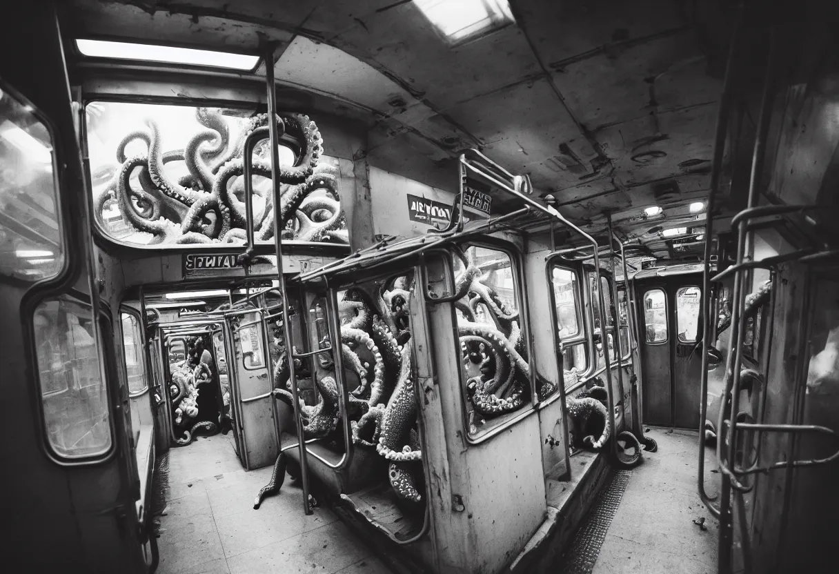 Prompt: a busy subway wagon, there is a huge monster octopus on the interior, tentacles creeping in through the windows and gaps, people are scared and screaming while trying to flee through the windows, 1 6 mm lens,