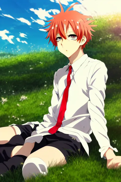 Prompt: anime art full body portrait character concept art, anime key visual of elegant male, light orange - red hair, messy hair and large eyes, white formal shirt and tie, finely detailed perfect face delicate features directed gaze, laying down in the grass at sunset in a valley, trending on pixiv fanbox, studio ghibli, extremely high quality artwork