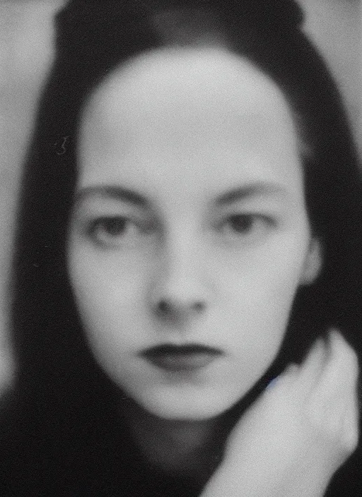 Prompt: black and white film photography, portrait of young marie laforet in darkness, 35mm, film photo