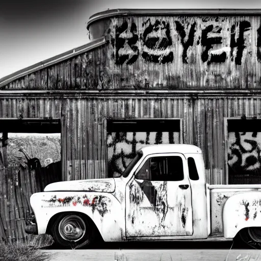 Prompt: Abandoned gas station on route 66, bird nest inside hood of white rusty vintage Ford pickup truck with flat tires, Nikon camera photo, style of 1970