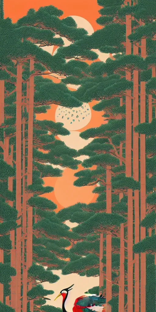 Prompt: hanafuda card for january 20 points, a portrait of japanese crane is next to a forest of japanese pines, by range murata, a big red sun in the background, front game card, vector line art, trending on behance, concept art, stunning, matte