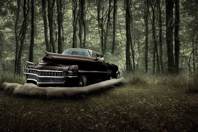 Prompt: a beautiful award - winning photo of a upsidedown, old cadillac, upsidedown in a dark forest, mushrooms, in a dark forest low light, by dimitri mellos