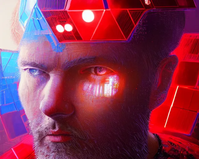 Prompt: portrait of wizard with halo of red cubes intricate abstract. intricate artwork, by tooth wu, wlop, beeple, dan mumford. concept art, octane render, trending on artstation, greg rutkowski very coherent symmetrical artwork. cinematic, key art, hyper realism, high detail, octane render, 8 k, iridescent accents