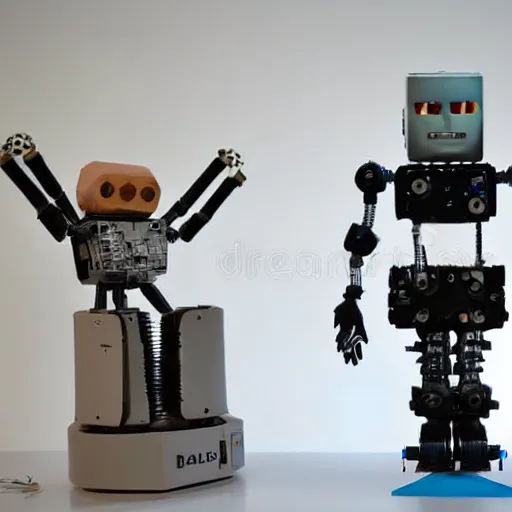 Prompt: Dall-E 2 art robot feels inferior next to the awesome StableDiffusion art robot, 35mm stock photo