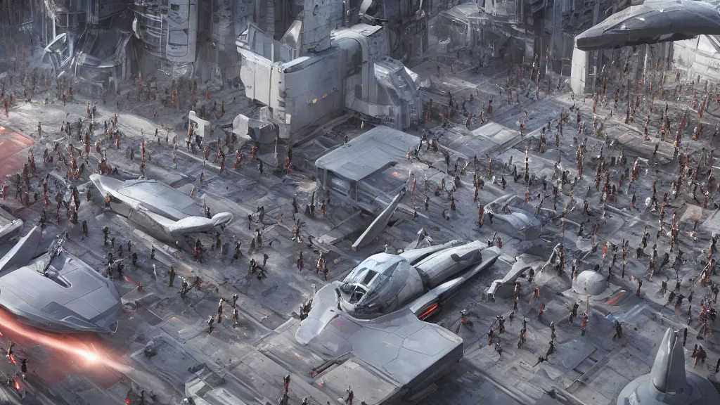 Prompt: a horde of people next to a spaceship in a post-apocalyptic city, low angle, flying spaceships in background, hyperrealistic, Blender 8k UHD