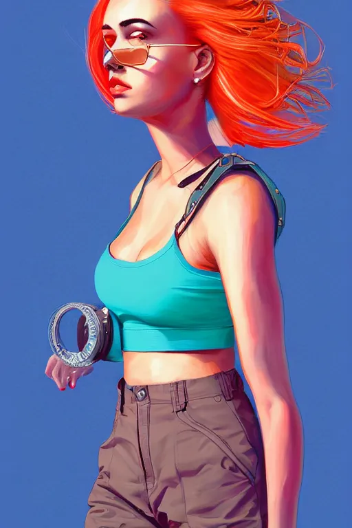 Image similar to a award winning half body portrait of a beautiful caucasian woman in a croptop and cargo pants with ombre orange blue teal hairstyle with head in motion and hair flying by martine johanna, outrun, vaporware, digital art, trending on artstation, highly detailed, fine detail, intricate