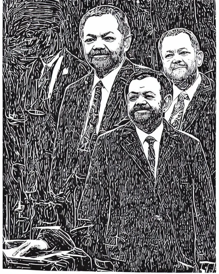 Image similar to a detailed lifelike linocut engraving of president lula