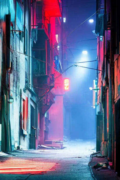 Prompt: cityscape alley way, cyberpunk, diffused lighting, with red and blue neon lighting, fog, trash and dumpsters in the alley, hyperrealism, by tae young choi and dang my linh, 8 k dop dof hdr