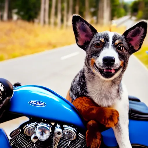 Image similar to blue heeler dog on a motorcycle, 8 k photography, blurred background of a wafflehouse