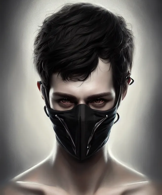 Image similar to white man with black fabric mask, short dark hair, highly detailed face!!!, true anatomy!, extremely detailed!, digital painting, unreal engine 5, art by tom bagshaw