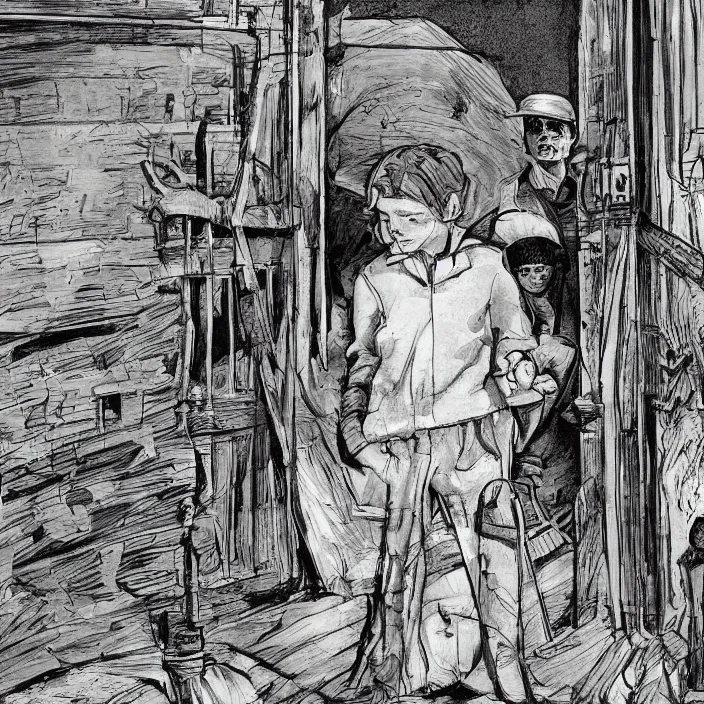 Image similar to sadie sink in dirty workmen clothes waves goodbye to workmen. near a gate. background : factory, dirty, polluted. technique : black and white pencil and ink. by gabriel hardman, joe alves, chris bonura. cinematic atmosphere, detailed and intricate, perfect anatomy