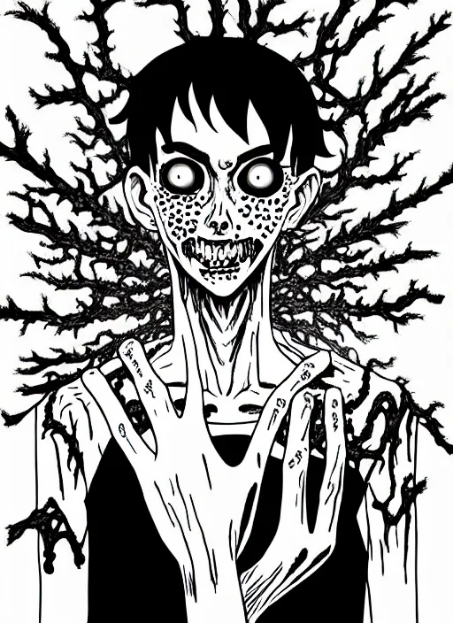 Image similar to junji ito style portrait of zombie teenage jughead jones wearing a light grey crown, zombie, crown, rotting skin, blind eyes, white eyes, crown, black hair, intricate, highly detailed, illustration, art by junji ito