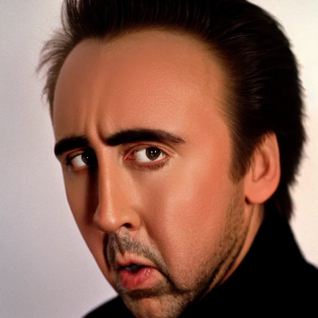 Image similar to photograph of nicolas cage in 1 9 9 9 headshot photo portrait headshot even lighting young handsome skin detail hd 8 k