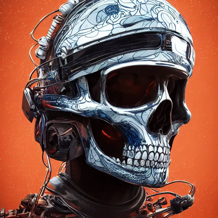 Image similar to portrait of a skull in a racing helmet. intricate abstract. intricate artwork. by Tooth Wu, wlop, beeple, dan mumford. octane render, trending on artstation, greg rutkowski very coherent symmetrical artwork. cinematic, hyper realism, high detail, octane render, 8k, iridescent accents