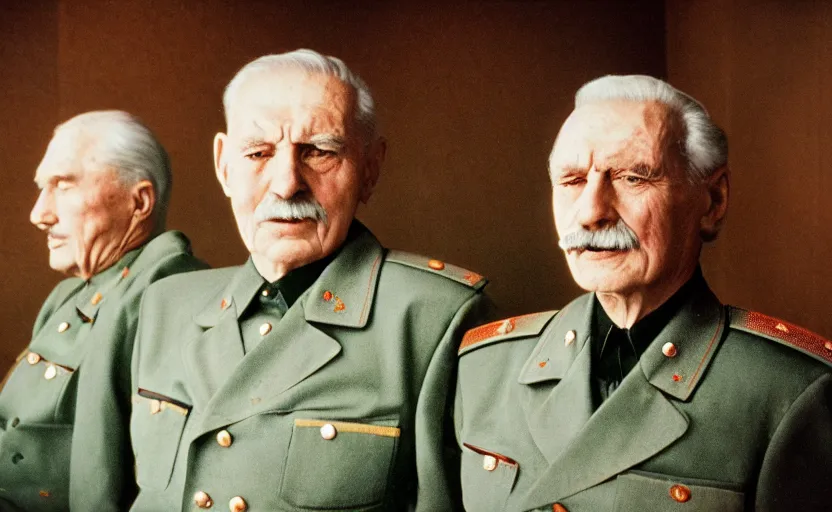 Image similar to 50s movie still close-up portrait of an elder soviet generals in a empty stalinist hall, by David Bailey, Cinestill 800t 50mm eastmancolor, heavy grainy picture, very detailed, high quality, 4k, HD criterion, precise texture and facial expression