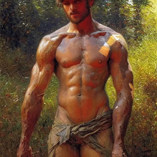 Image similar to young shepherd by a river, playful, male, muscular, detailed face, thighs!!!! gorgeous, amazing, muscular, intricate, highly detailed, painting by Gaston Bussiere, Craig Mullins