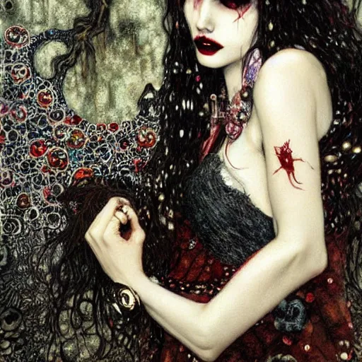 Prompt: stunning feminine vampire with fangs, intricate detail, klimt, royo, whealan,