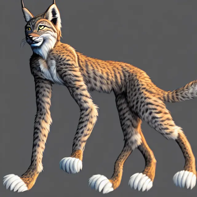 Image similar to the full body of anthropomorphic lynx fursona from behind wearing a steampunk suit as unimaginably beautiful, gorgeous, elegant, young woman with lynx head and paw pads, an ultrafine hyperdetailed illustration by furaffinity, intricate linework, white fur, unreal engine 5 highly rendered, global illumination, radiant light, detailed and intricate environment