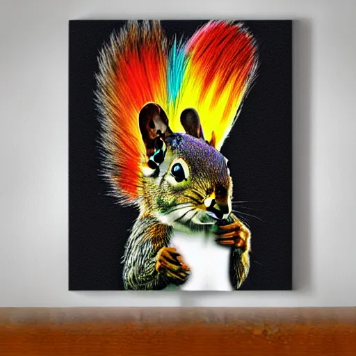 Image similar to Cool looking squirrel with a styled colorful mohican haircut, wall art, by Banksy, masterpiece, award-winning, hyperdetailed, photorealistic