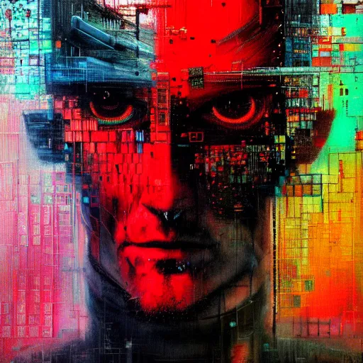 Prompt: hyperrealistic portrait of a cyberpunk man in cyberspace, by Guy Denning, Johannes Itten, Russ Mills, hacking effects, detailed lines, color blocking!, acrylic on canvas, insane detail, intricate, front view, symmetrical, smooth, octane, concept art, abstract, artistic, 8k, cinematic, trending on artstation