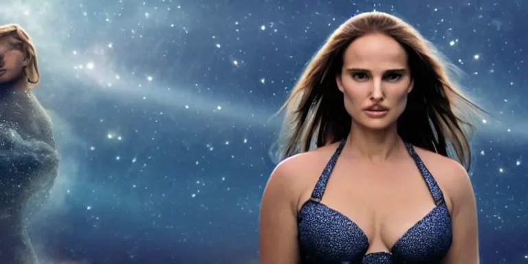 Image similar to film still of curvy natalie portman, focus on facial - detail!!!!!!, walking on an invisible bridge, similar to the bifrost, toward an endless abyss in space, wearing a white flowy bikini inspired by ancient roman clothing, beautiful astronomical background with galaxies and nebulas, lack of sunlight, 8 k resolution, cinematic lighting, anatomically correct, by christopher nolan