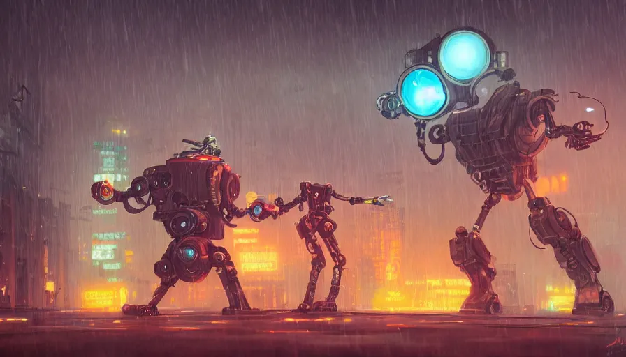 Prompt: a steampunk robot duels a cyberpunk robot, raining, sharp focus, james gilleard, cinematic, game art, extremely detailed digital painting