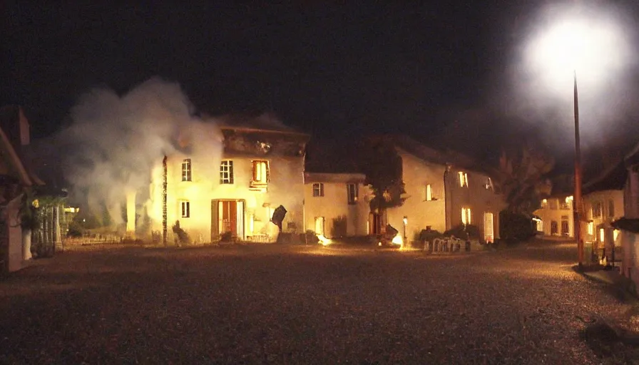 Prompt: mini dv camera found footage of a heavy burning french style little house by night in autumn, in a small northern french village, by sony mini dv camera, heavy grain, low quality, high detail, dramatic light, anamorphic, flares