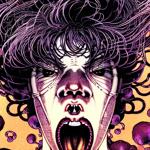 Image similar to closeup of face melting and tongues, by yoichi hatakenaka, masamune shirow, josan gonzales and dan mumford, ayami kojima, takato yamamoto, karol bak