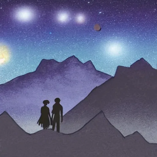 Image similar to a beautiful landscape showing mountains, stars and galaxies in the background. The silhouet of a young couple sits in the foreground, drawn, sketch, anime style