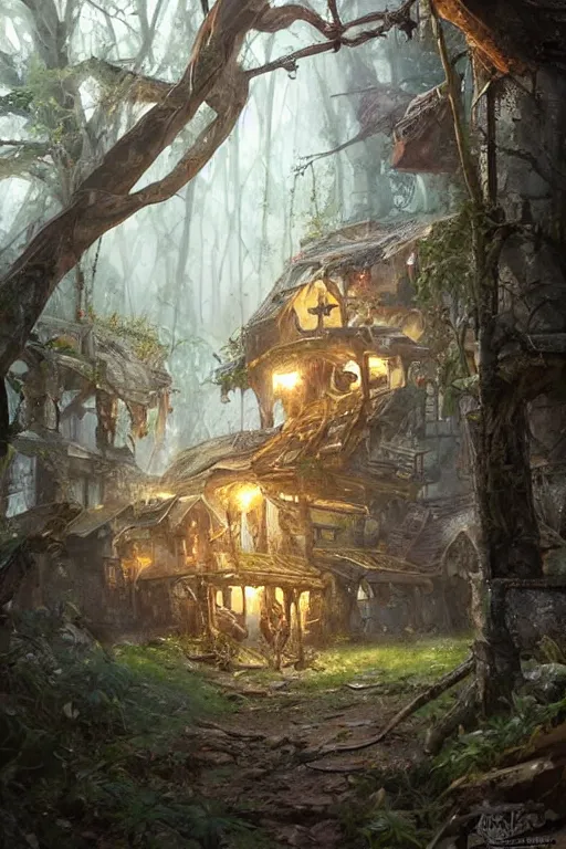 Prompt: a cheerful ramshackle multistory hut in the woods, well armored, intricate, elegant, fantasy, highly detailed, digital painting, concept art, sharp focus, illustration, beautiful volumetric lighting, magic hour lighting, colorful, artstation, art by artgerm and greg rutkowski